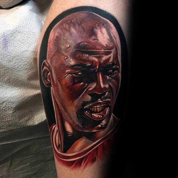 Guys Realistic Michael Jordan Portrait Tattoo On Side Of Leg