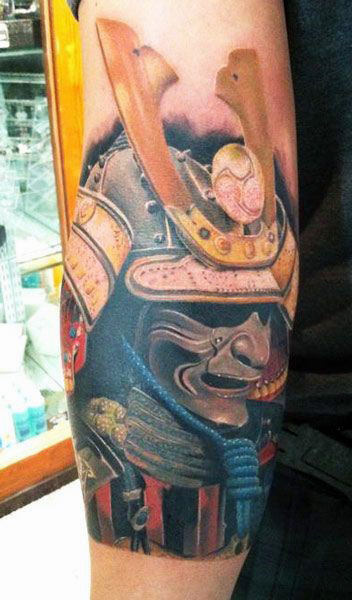 Guys Realistic Modern Samurai Mask Forearm Tattoo