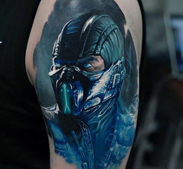 Guys Realistic Mortal Kombat Sub Zero Upper Arm Tattoos