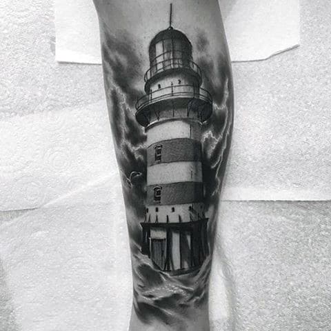 Guys Realistic Nautical Lighthouse Shaded Ink Tattoos