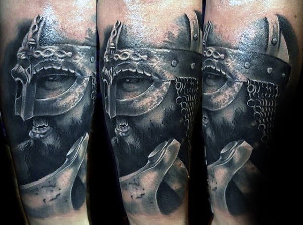 Guys Realistic Odin Axe Tattoo Design On Arm