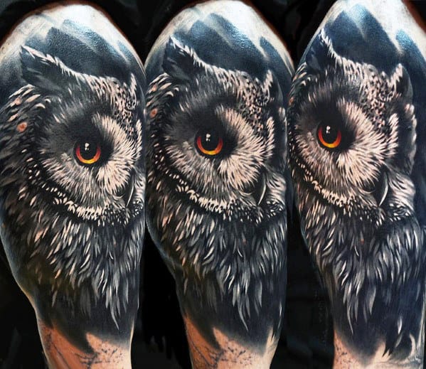 Guys Realistic Owl Tattoo Design On Arm