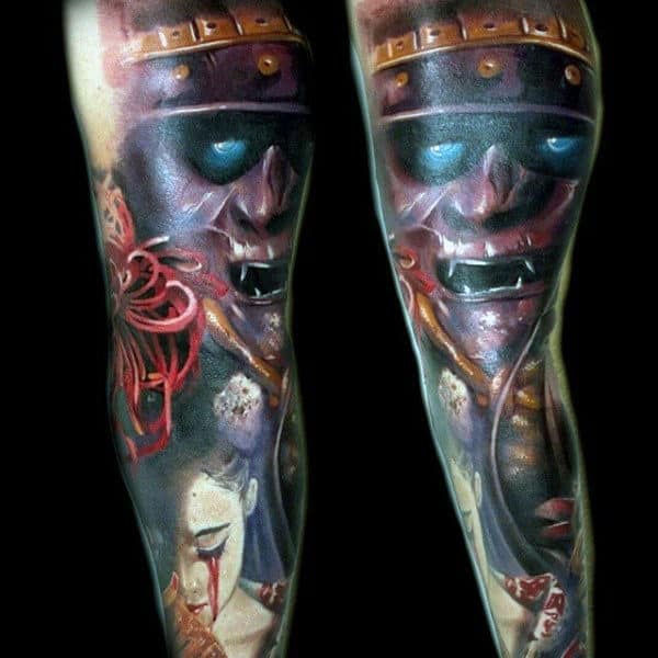 Guys Realistic Samurai Mask And Woman Crying Blood Tattoo Full Sleeve