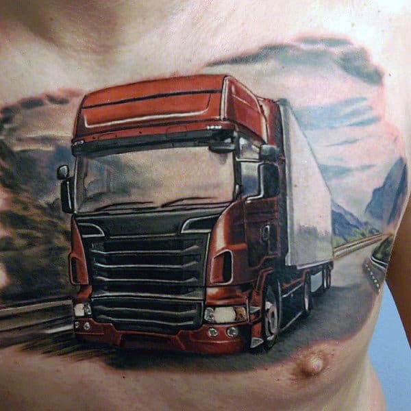Guys Realistic Semi Truck Chest Tattoos