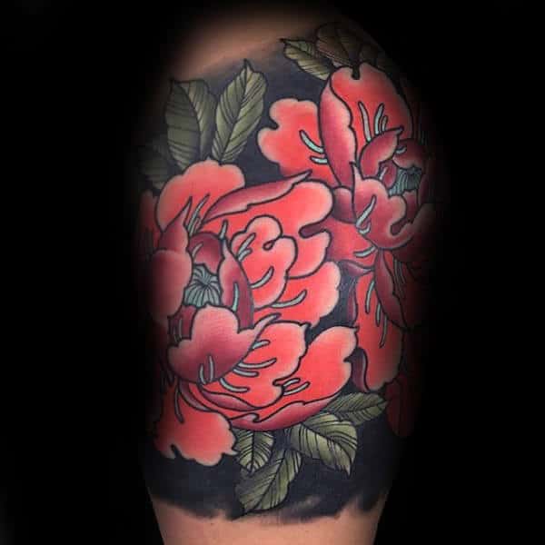 Guys Red Peony Half Sleeve Flower Tattoo Designs