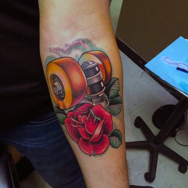 Guys Red Rose With Skateboard Inner Forearm Tattoo Ideas