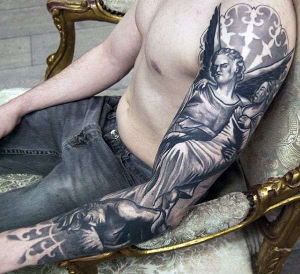 Guys Religious Angel 3d Black And Grey Sleeve Tattoo