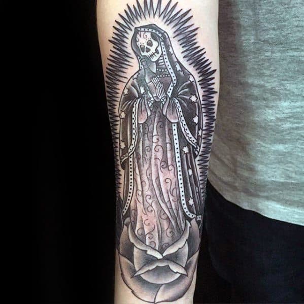 Guys Religious Skull Rose Flower Forearm Guadalupe Tattoo Design Ideas