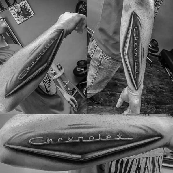 Guys Retro Chevy Logo Outer Forearm Tattoo Design Ideas