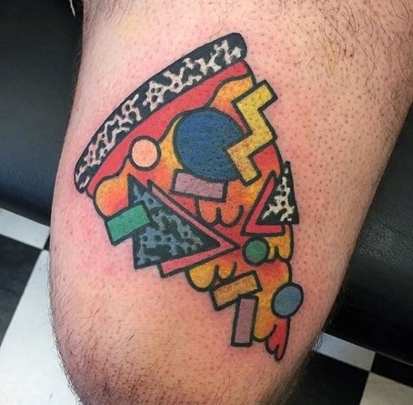 Guys Retro Colorful Pizza Tattoo Deisgns On Thigh