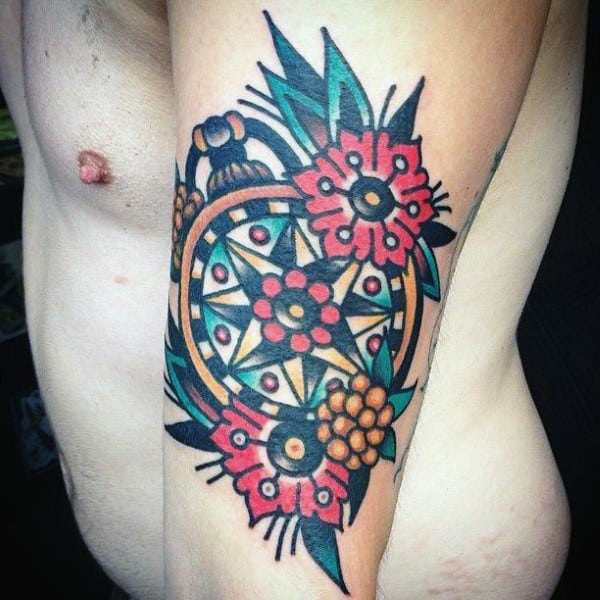 Guys Retro Traditional Compass Outer Arm Tattoo Designs
