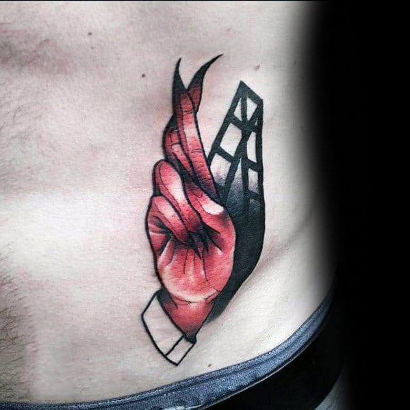 Guys Rib Cage Side Devil Fingers Crossed Tattoo Design Ideas