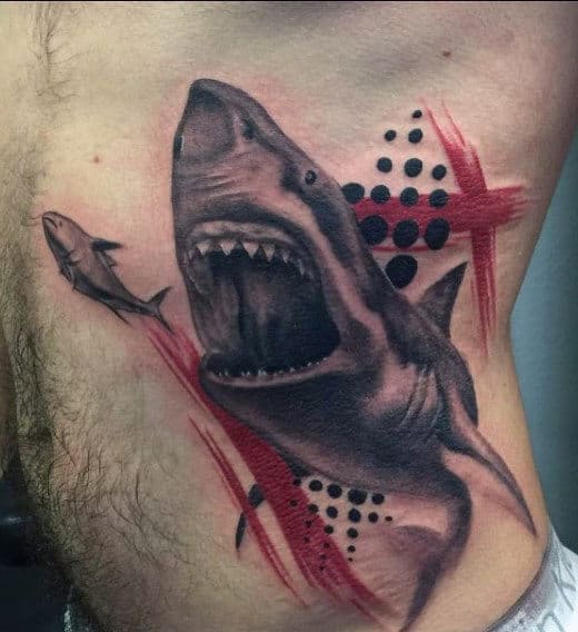 Guy's Rib Cage Side Shark Tattoos In Red Ink