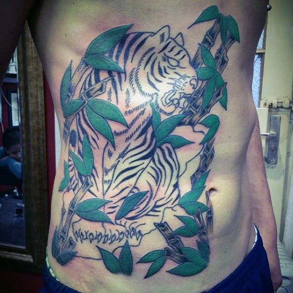 Guys Rib Cage Side Tiger With Green Bamboo Tattoo
