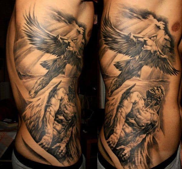 A detailed tattoo of winged figures covering a side torso