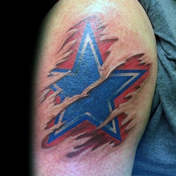 3D ripped skin tattoo revealing a bold blue and red star beneath the surface, creating a dynamic and patriotic design on the upper arm.