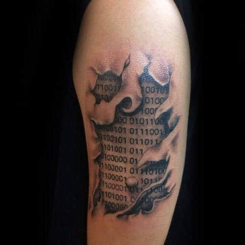 Guys Ripped Skin Binary Tattoo Design On Upper Arm