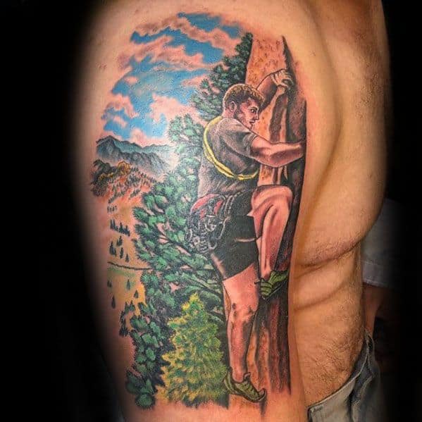 Guys Rock Climbing Tattoo Design Ideas On Arm