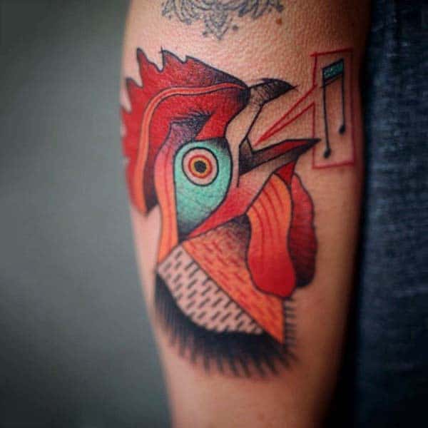 Guys Rooster Tattoo Creative Deisgn On Leg