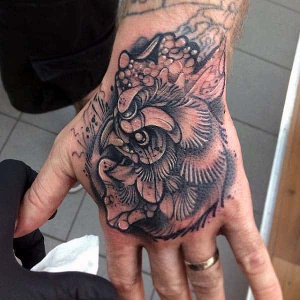 Guys Rooster Tattoo For Hand In Black