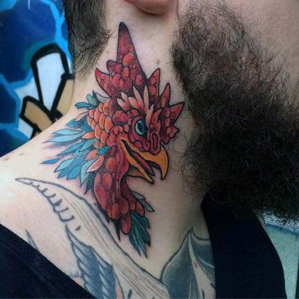 Guys Rooster Tattoo In Neo Traditional Style On Neck