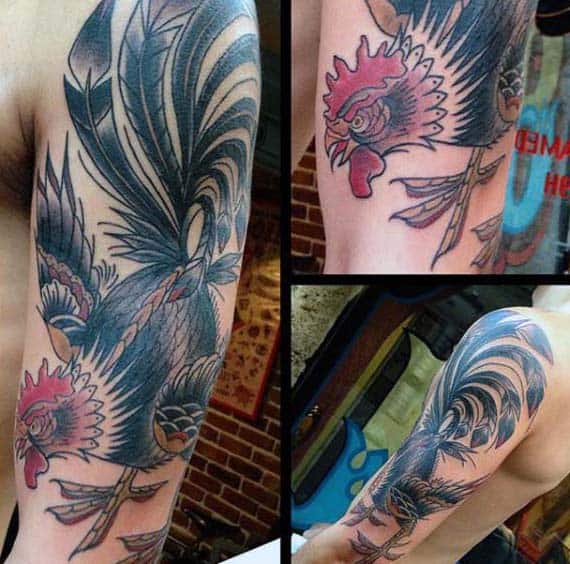 Guys Rooster Tattoo In Neo Traditional Style Upper Arm Piece