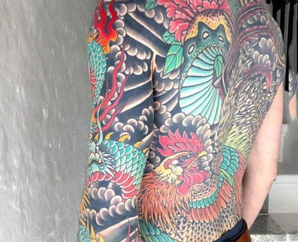 Guys Rooster Tattoo In Traditional Style Back Piece