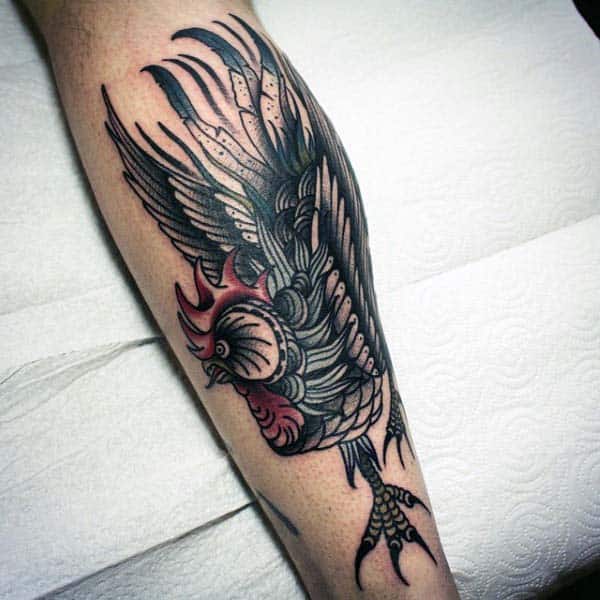 Guys Rooster Tattoo Neo Traditional Style On Forearm