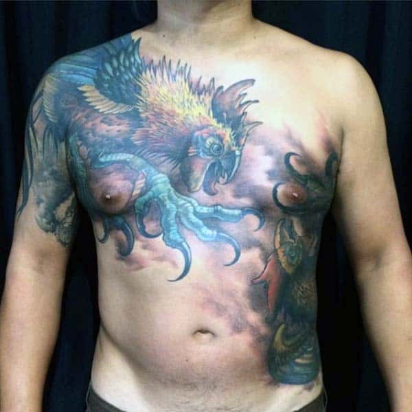 Guys Rooster Tattoo Saturated Color Chest Piece