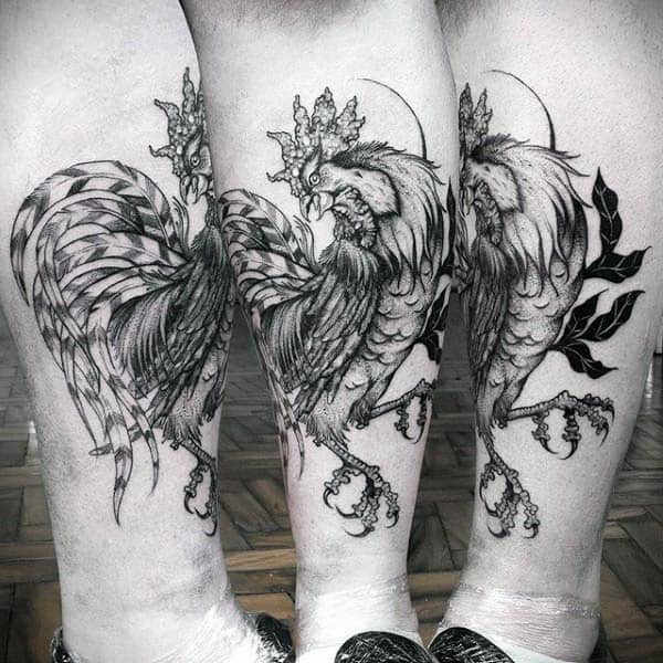 Guys Rooster Tattoo With Cool Black Work On Calf
