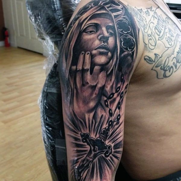 Guys Rosary Beads Tattoos On Arm Full Sleeve Design Ideas
