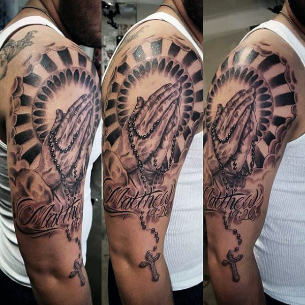 Guys Rosary Cross Tattoo Half Sleeve Design