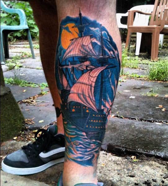 Guys Sailing Ship Tattoo Designs On Front Of Leg