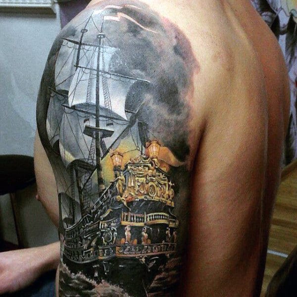 Guys Sailing Ship With Grey Cloudy Sky Watercolor Half Sleeve Tattoo