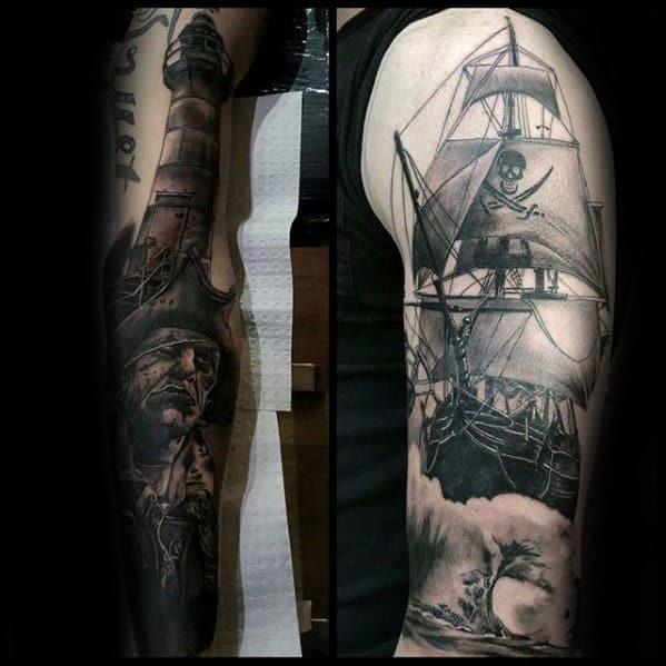 Guys Sailing Ship With Pirate Flag Arm Tattoo