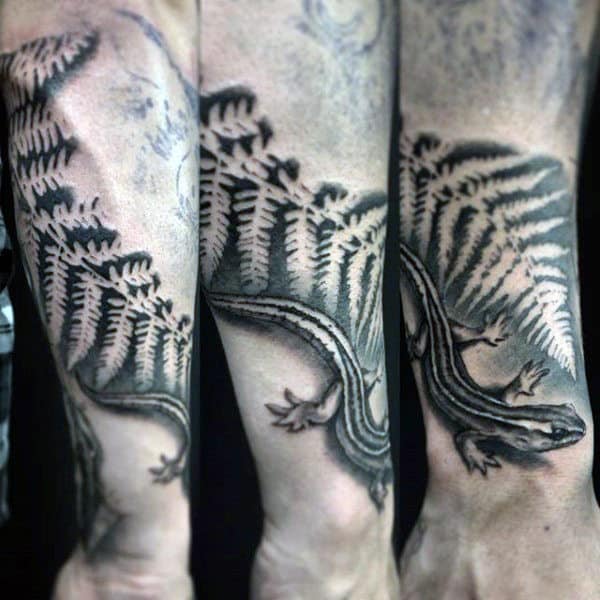 Guys Salamander With Fern Wrist And Forearm Tattoo