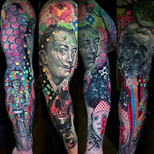 Vibrant full sleeve tattoo featuring Salvador Dali with pixelated patterns, skulls, dots, and surreal portraits in a psychedelic color scheme.