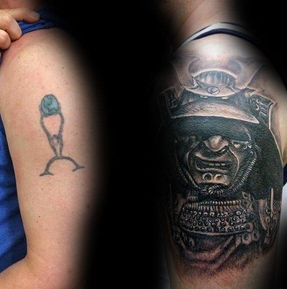 Guys Samuari Helmet Upper Arm Cover Up Tattoos