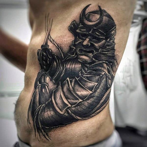 Guys Samurai Holding Sword Traditional Shaded Tattoo On Sude