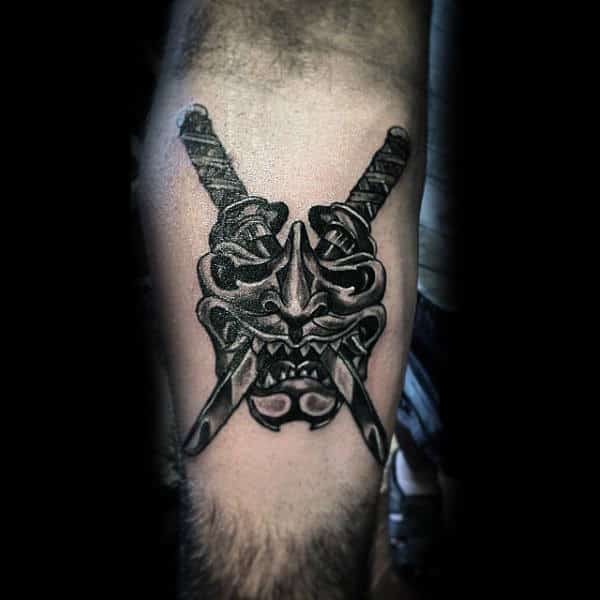Guys Samurai Mask And Duel Sword Forearm Tattoo
