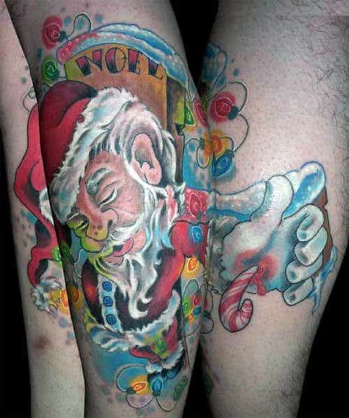 Vibrant and surreal Santa Claus tattoo with bold colors, holiday lights, and a whimsical expression, featuring a candy cane and festive details.