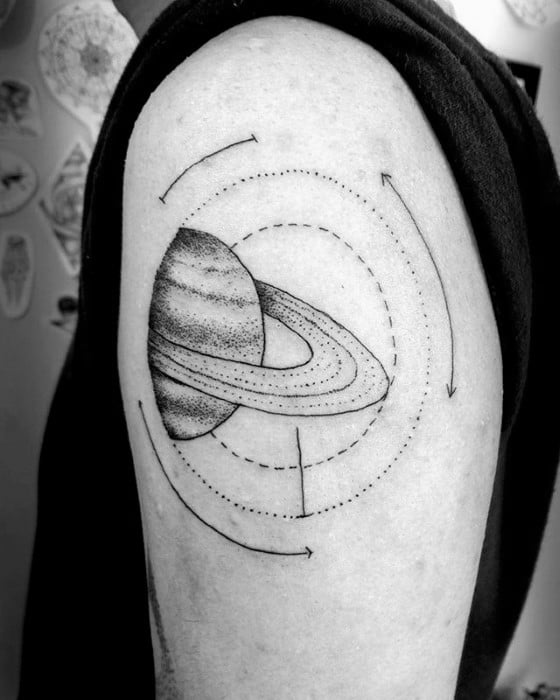 Minimal Saturn tattoo design for men with fine dotwork shading, orbit lines, and directional arrows forming a clean scientific style.