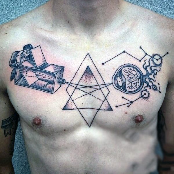 Guys Science Constellation Chest Tattoo In Black Ink With Linework