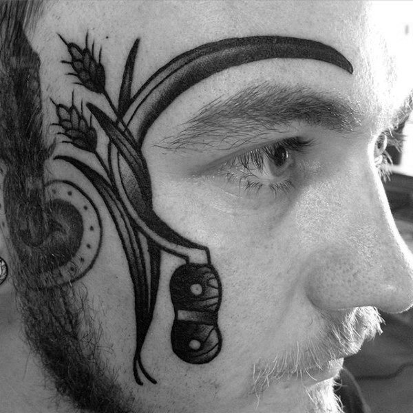 Guys Scythe With Wheat Old School Face Tattoo Designs