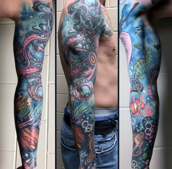 Full-sleeve underwater tattoo featuring a vibrant seahorse, octopus, and marine life, with bold colors and dynamic oceanic details.