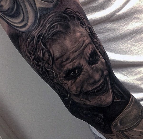 Guys Shaded Black And Grey Joker Sleeve Tattoos