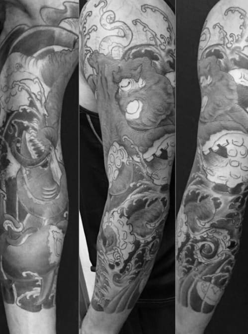 Guys Shaded Black And Grey Traditional Japanese Octopus Full Sleeve Tattoo Design