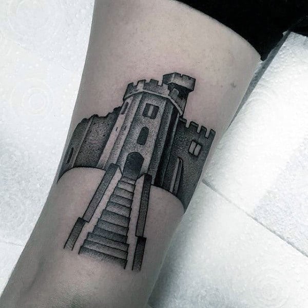 Guys Shaded Black Ink Simple Castle Tattoo On Forearm