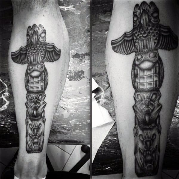 Guys Shaded Black Worktotem Pole Calf Tattoo