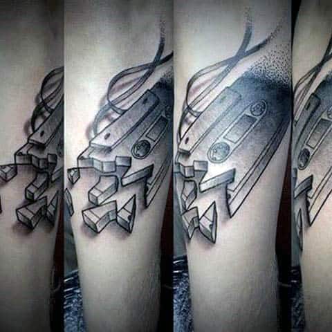 Guys Shaded Broken Cassette Tape Tattoo On Outer Forearm